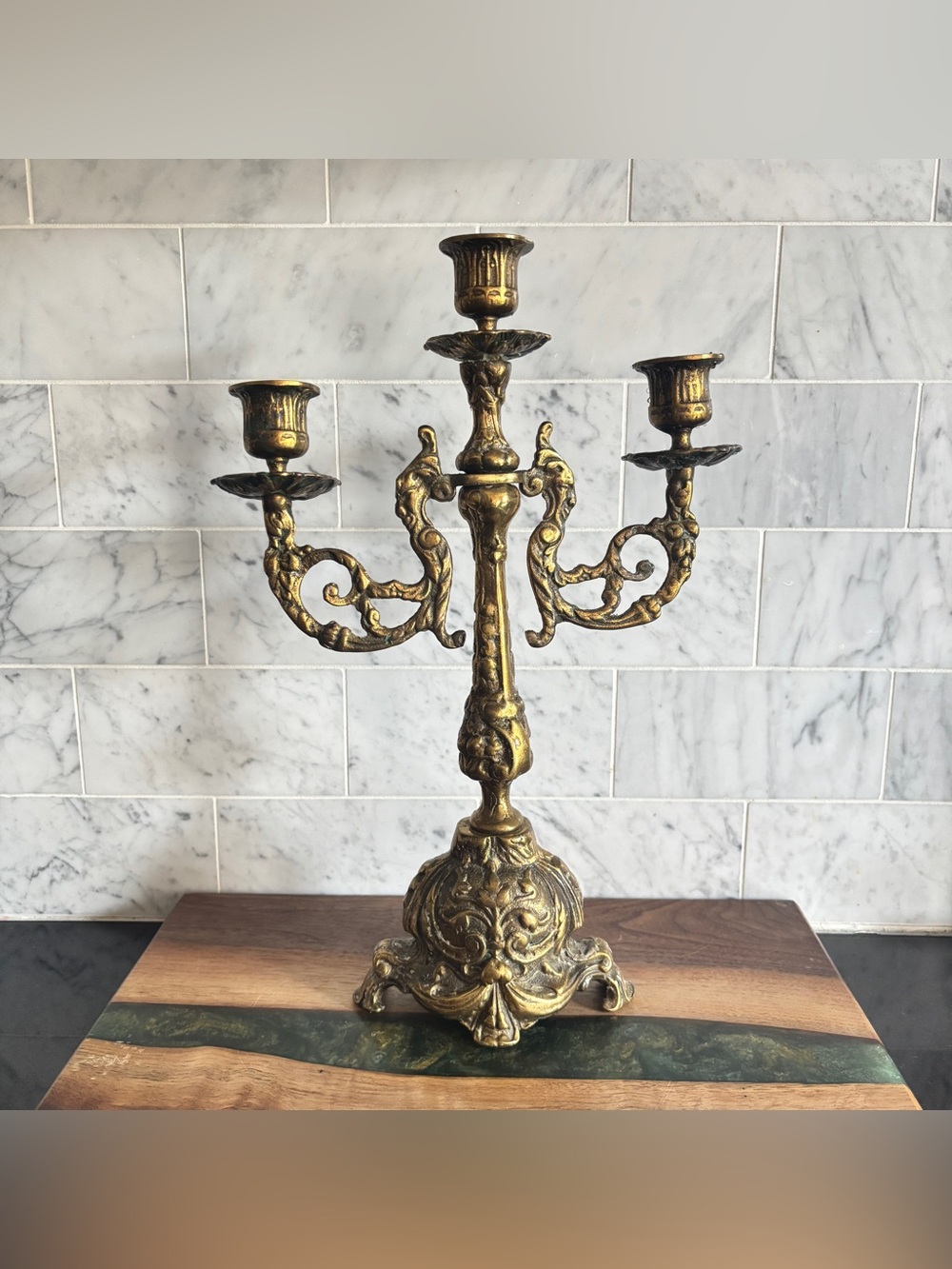 Vintage 3 Arm Brass Candelabra: Ornate Brass Candle Holder / Candelabrum